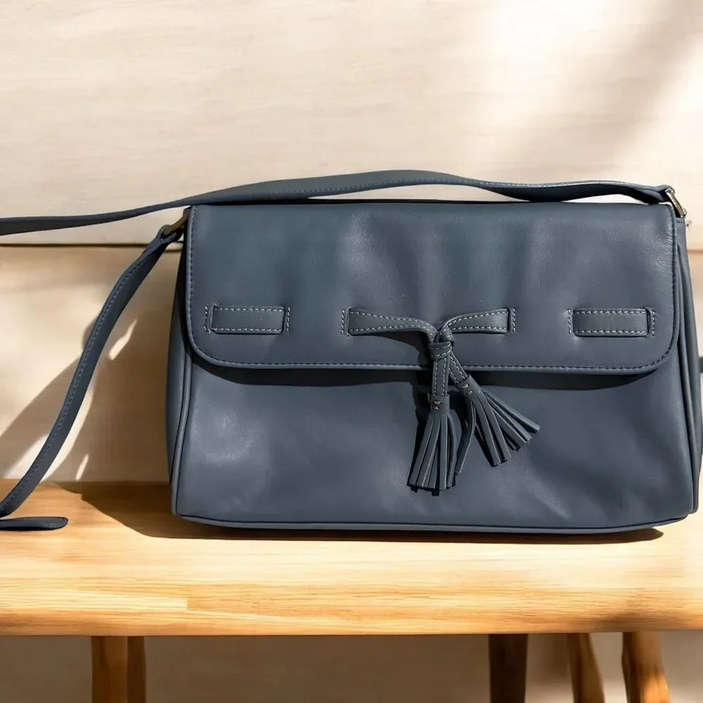 Charter Club Blue Gray Crossbody Bag Adjustable Strap Tassel Flap